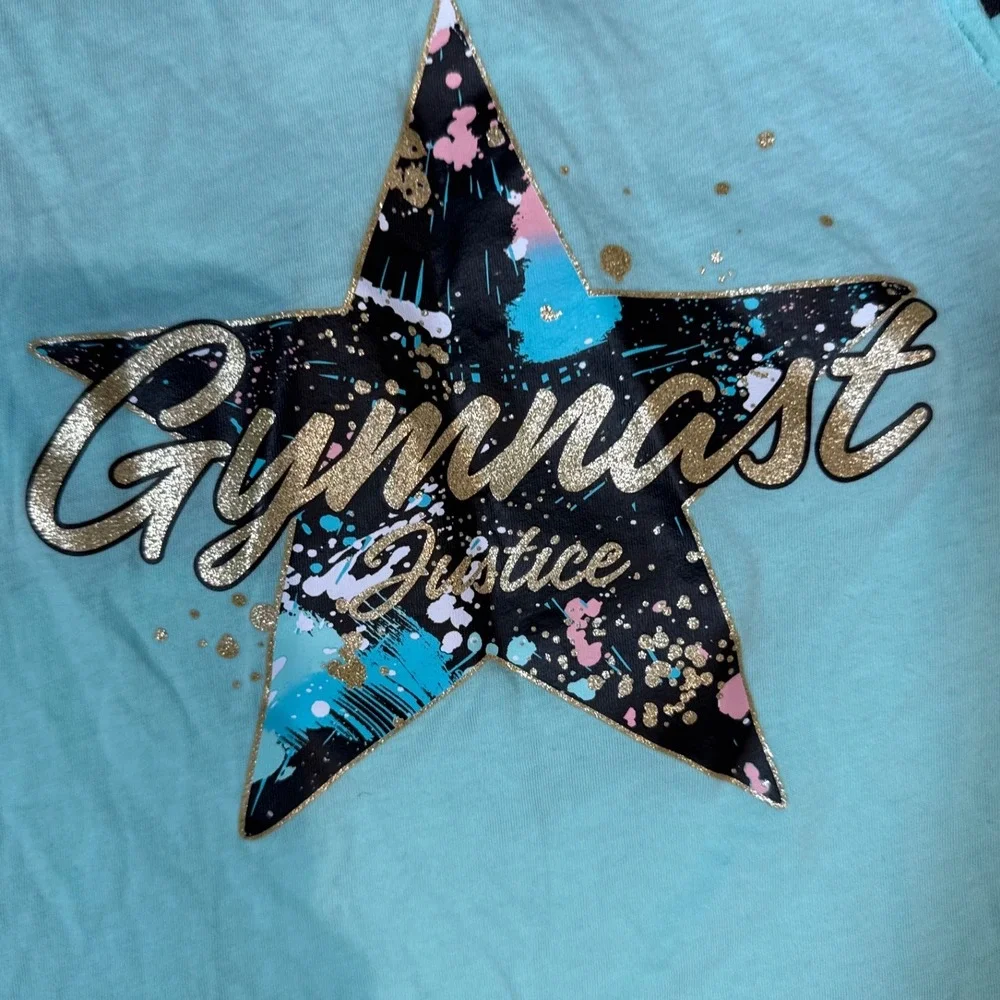 Justice Girls Turquoise Gymnast Star Tank Top & Black‎ Paint Splatter Leggings